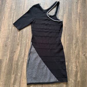 Wow Couture One Shoulder Mid Length Sleeve Bodycon Bandage Ribbed Black Silver M